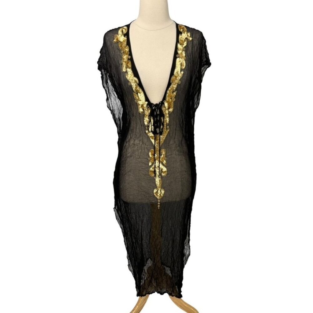 Manish Vaid Dress Cover-Up Size M Black Gold Embellished Resort Beach Poolside
